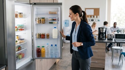 Fototapeta premium Businesswoman opens a modern refrigerator filled with healthy food and drinks in a bright office kitchen