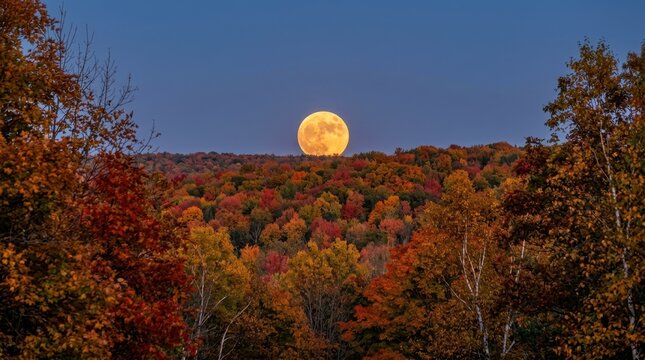 Large golden full moon rising above a dense forest with vibrant autumn foliage. Colorful fall trees under a clear twilight blue sky
