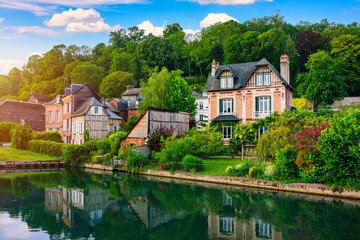 Pont-Audemer on the River Risle, Normandy, France, picturesque market town with timber-framed houses. © daliu