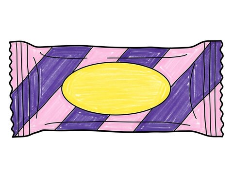 Colorful candy bar illustration with purple and pink stripes and yellow center