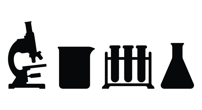 Microscope beaker test tubes and flask in black silhouette