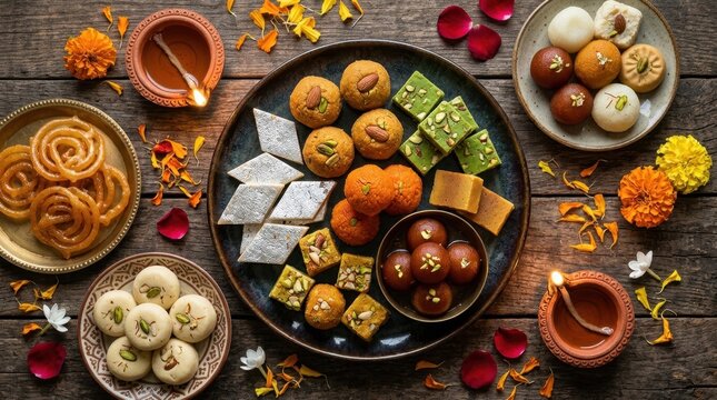 Top view of traditional Indian sweets and lit diyas on a wooden table. Colorful Diwali mithai flat lay with marigold flowers and rose petals