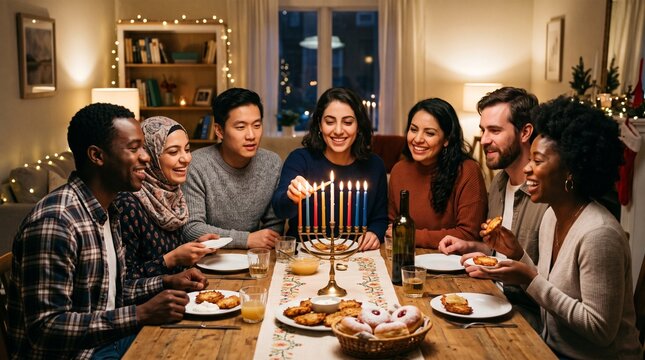 Diverse friends celebrating Hanukkah lighting menorah and sharing festive meal at home