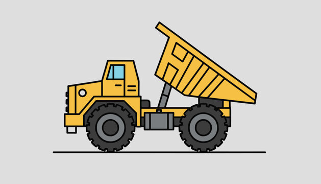 Heavy industrial yellow dump truck illustrated on a gray background with its hydraulic dumper bed raised.