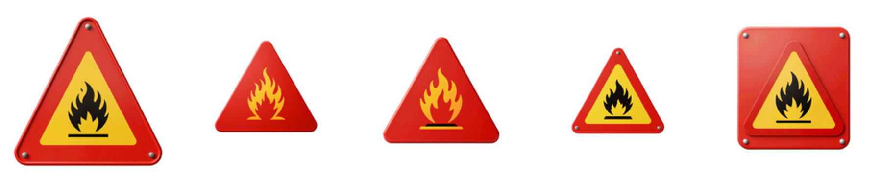Row of warning signs for flammable materials against a black background