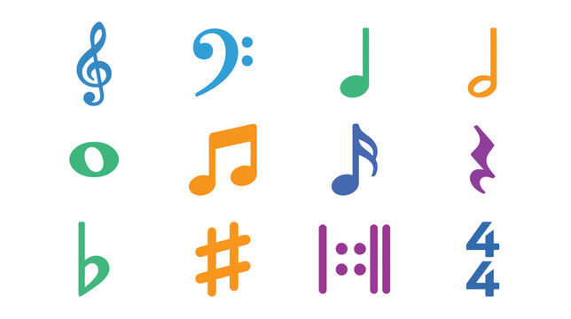 Colorful Musical Notation Symbols Collection - G Clef, F Clef, Notes, Sharps, Flats