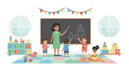Fototapeta premium Friendly teacher guiding preschool kids during a playful learning session in a bright kindergarten classroom.