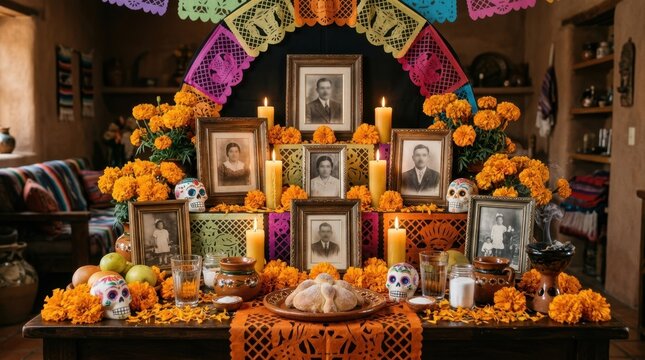 Traditional Mexican Day of the Dead altar with vintage photos and marigolds. Dia de los Muertos ofrenda with lit candles, sugar skulls, and pan de muerto