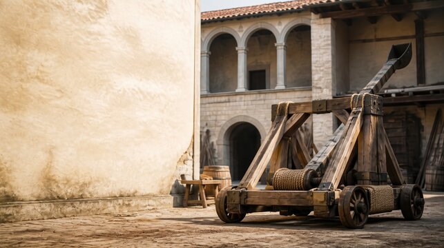 Ancient Wooden Catapult Siege Engine in Medieval Castle Courtyard