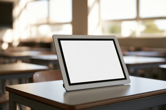 Tablet computer on desk in empty classroom