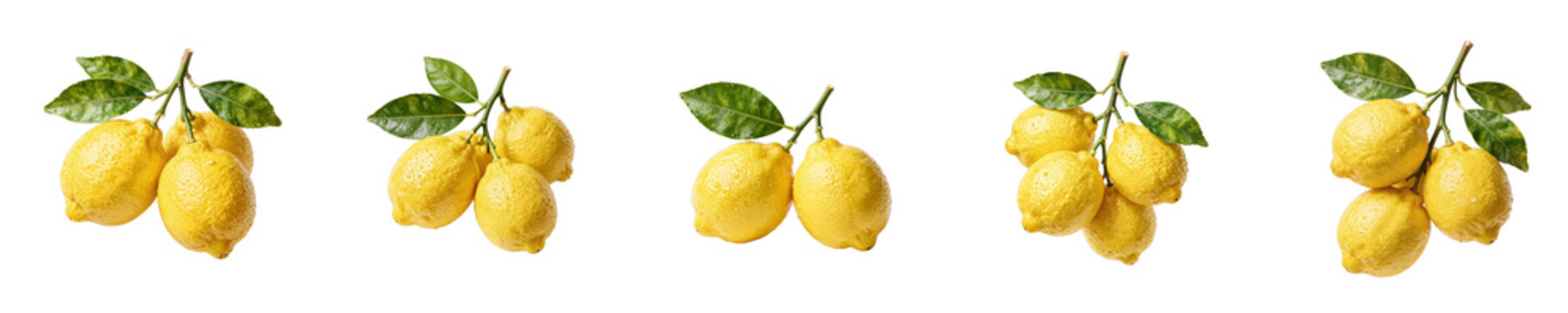 Arrangement of freshly picked lemons with leaves, isolated on black background