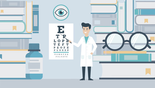 Professional optometrist ophthalmologist pointing at an eye exam chart surrounded by books, glasses, and eye drops.