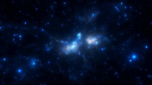Blue stars drift through diffuse cosmic clouds in deep space. Astronomy education, science documentary, and space-themed title sequences.