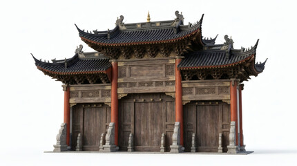 Obraz premium Traditional Chinese Temple Gate Hall with Curved Tiled Roof and Red Columns Isolated on White Background