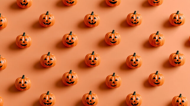Calabazas sobre un fondo naranja decoradas para la fiesta de Halloween