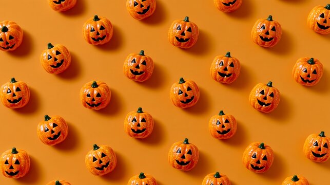 Calabazas sobre un fondo naranja decoradas para la fiesta de Halloween