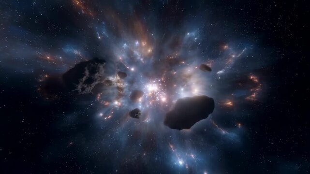 Asteroids drift through a luminous stellar cloud in deep space. Astronomy education, science documentary, and space exploration presentation.