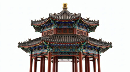 Obraz premium Traditional Chinese pavilion with ornate curved roof and decorative details isolated on white background