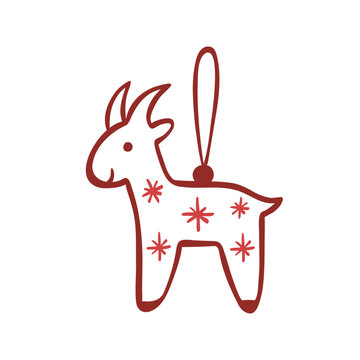 Cute hand-drawn vector line illustration of a Christmas tree toy. Symbol of the year 2027, stylized Fire Goat decoration for holiday prints, web, stickers, and festive print designs.