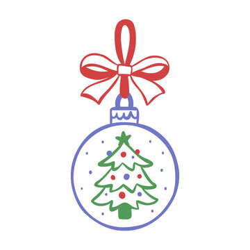 Hand-drawn line illustration of Christmas bauble with decorated fur tree and tied red bow. Vector clip art with festive holiday decor for greeting cards, prints, packaging and seasonal designs.