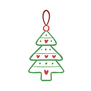 Hand-drawn line illustration of a stylized Christmas tree. Vector clip art of a festive decoration for greeting cards, prints, packaging and seasonal designs. Outline minimalist drawing.