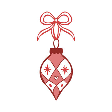 Hand-drawn vintage Christmas tree decoration with tied bow. Vector line art illustration of teardrop bauble decor element. Clip art for seasonal packaging, holiday print designs, stickers.
