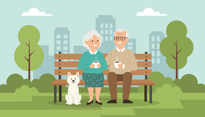 Fototapeta premium Happy senior couple relaxing on a park bench, holding cups of coffee, and accompanied by their white dog.
