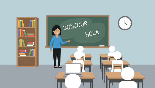 Language teacher conducting a classroom lesson pointing to a blackboard displaying bonjour and hola greetings.