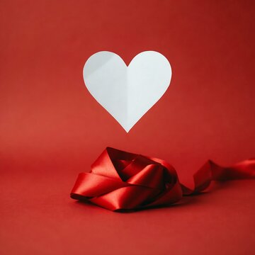 Floating paper heart above a red ribbon on a red background