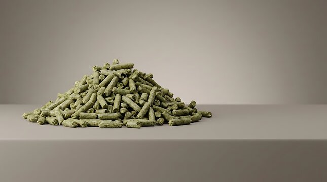 A pile of alfalfa pellet feed for livestock animals isolated on a solid light gray background presented in a studio shot with soft studio lighting