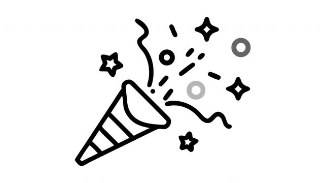 Animated party popper icon exploding with confetti stars and circles for celebration event