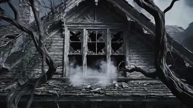 Spooky victorian haunted mansion at night with fog and dead trees
