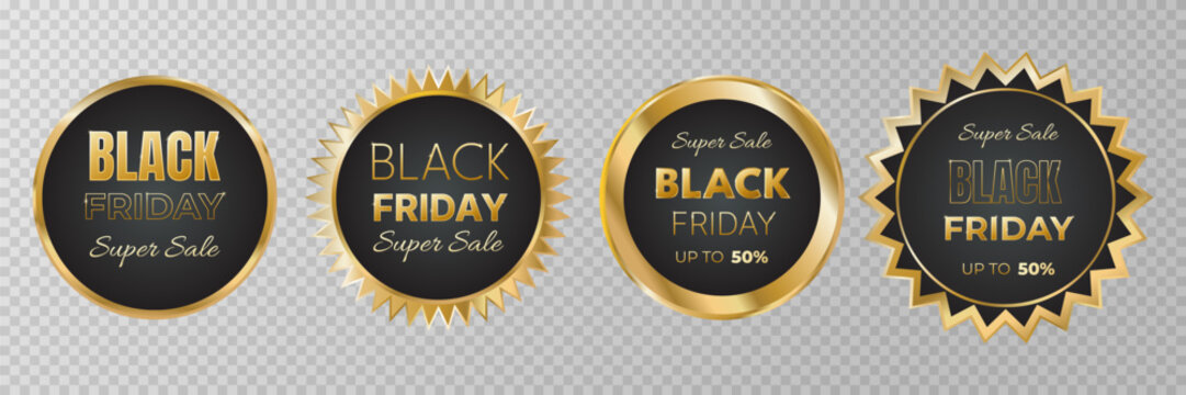 Black friday sale badges set. Black price banners with golden elements isolated on transparent background.Shopping stickers and badges. Autumn shopping element.Black friday sale sticker. Vector 
