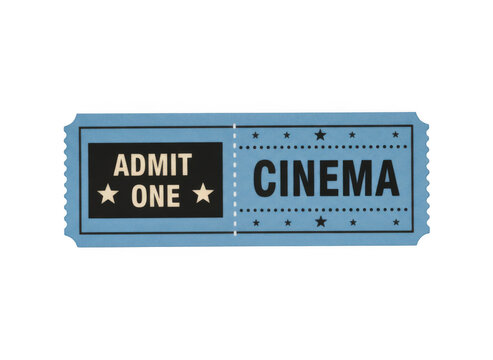 A single blue paper movie cinema ticket stub with admit one text isolated on a simple flat design graphic