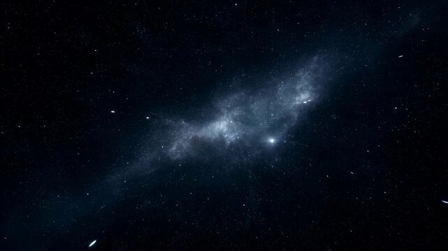 Galaxy space background with a glowing galactic band drifting across a dark star field. Astronomy education, science presentations, and space documentaries.