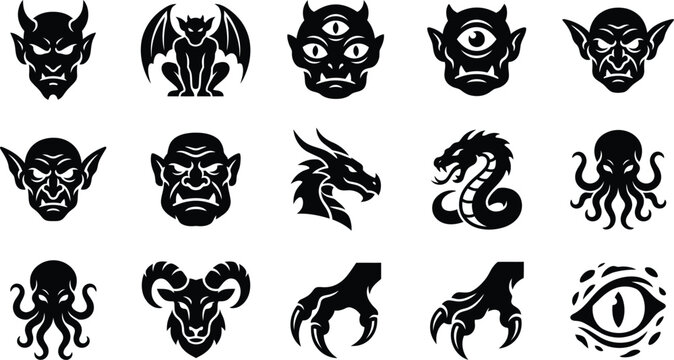 Black vector illustration set featuring various fantasy monsters including demons dragons goblins and tentacles isolated on clean white background elements