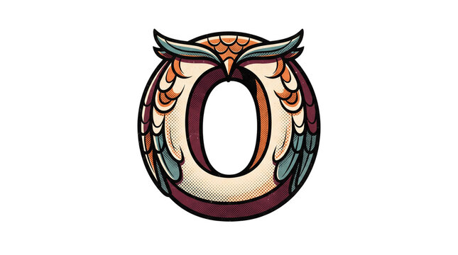 Vintage Halloween letter O inspired by a mysterious nocturnal owl with bold retro comic details. Isolated on White background.
