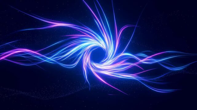 Neon light strands swirl through an abstract digital vortex on a dark background. Technology presentations, digital title sequences, and energy branding.