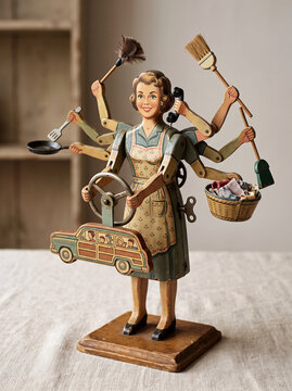 vintage-style wooden figurine of a multitasking woman with multiple arms holding household items like a broom, phone, and frying pan.