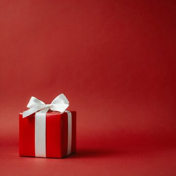 Festive red gift box with white ribbon on a rich red background