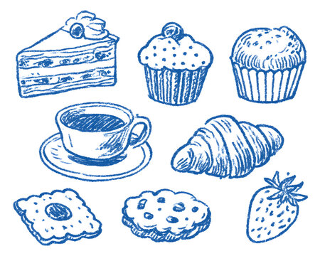 Hand-drawn doodle set of various delicious desserts, pastries, and a cup of coffee, featuring cakes, a muffin, a croissant, a cookie, and a strawberry, rendered in a blue crayon style