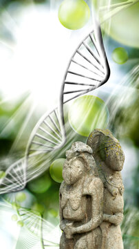 Statue of two figures standing together with a DNA strand in the background among green shapes