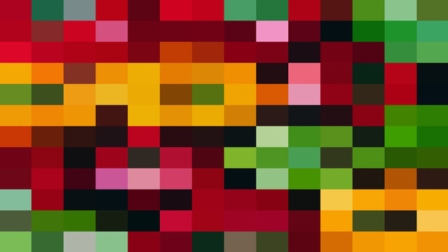 Vibrant and colorful pixel art background featuring a bold mosaic of red, orange, green, and yellow squares, perfect for retro gaming themes and creative digital designs.