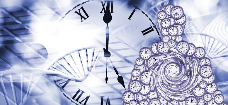 Concept of time and life represented through clocks and DNA patterns in an abstract design