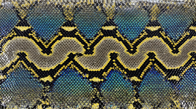 Iridescent Blue Yellow Black Snake Skin Texture Pattern Closeup