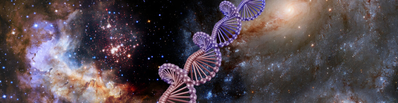 Science fiction design showing DNA structure in outer space with colorful galaxies in the background