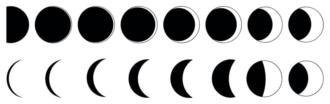 Lunar Cycle Progression: A clear, scientific illustration depicts the full progression of moon phases, from new moon to full moon and back.