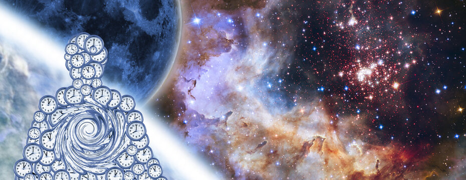 Cosmic scene with a figure made of clocks and a galaxy in the background