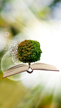 Concept of nature and reading with a tree-shaped head emerging from an open book