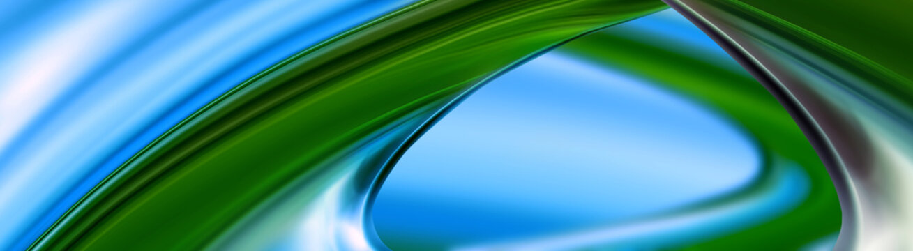 Colorful abstract art featuring green and blue shapes swirling together
